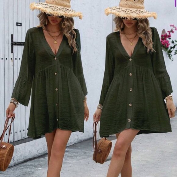 Elegant Olive Green Button-Down Dress - Picture 1 of 4